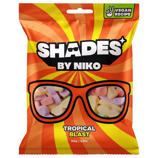 Shades by Niko tropical blast candy package with orange and yellow design